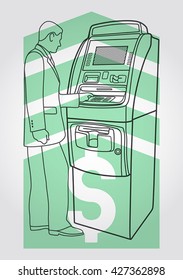 Illustration of person and payment terminal, simple art for web and print design appealing for payment theme.