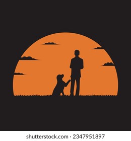 illustration of a person with a pet dog in the afternoon. see the sunset