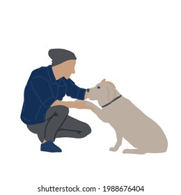 Illustration with a person and a pet. A postcard or poster for a pet store. A man and a dog drawn by hand. Vector illustration