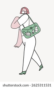 Illustration of a person with pink hair carrying a green bag filled with essentials. The person wears a mask, symbolizing safety and preparedness. Person, character illustration vector.