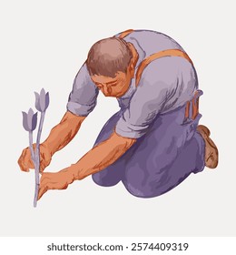 Illustration of a person planting flowers, kneeling on the ground. Gardening, planting, and nature are central themes. Earthy tones highlight the gardening scene.