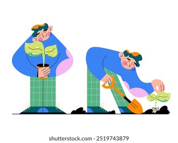 Illustration of a person planting a seedling. The character is shown in two poses: holding a small plant and dig with a shovel. Ideal for Eco-friendly, gardening, or sustainability-themed projects