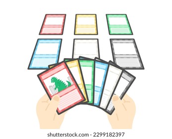 Illustration of a person playing a trading card game.