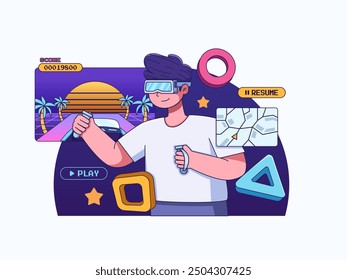 Illustration of a person playing a video game with a VR headset. The person is holding a controller and enjoying the game. 
Perfect for landing pages, websites, infographics, etc.