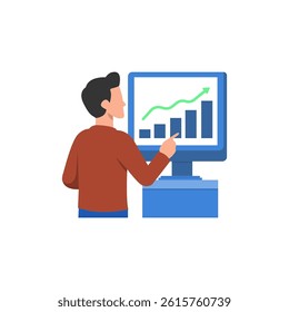 Illustration of a person pointing to a computer screen displaying upward financial data trends, Useful for business, technology, and strategy-related concepts.