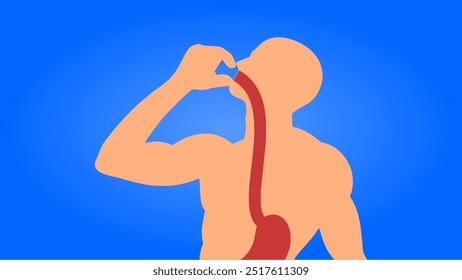 illustration of a person in a pose eating something showing the digestive tract