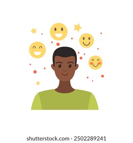 An illustration of a person with positive thoughts, surrounded by colorful butterflies.