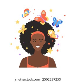 An illustration of a person with positive thoughts, surrounded by flowers and a bee.