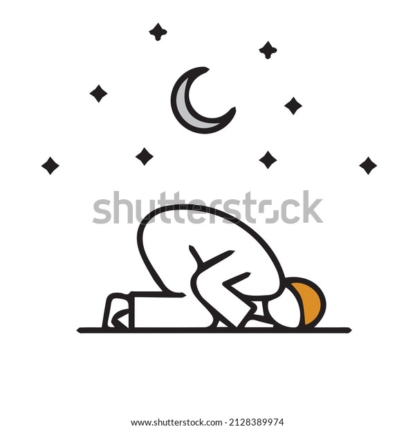 illustration of a person praying at night with a\
prostration gesture, Islamic\
vector.