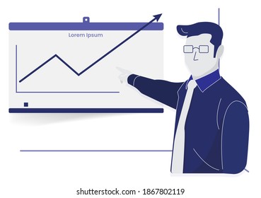 Illustration of a person presenting in blue and white on a bright background. Flat Vector Illustration 