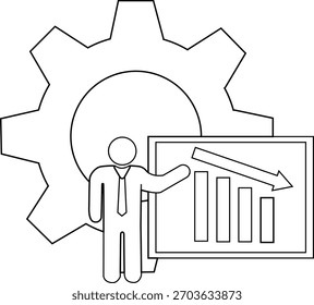 Abbildung einer Person mit abnehmendem Balkendiagramm mit einem Zahnrad im Hintergrund
