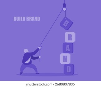 Illustration of a person pulling blocks with letters to form the word "BRAND," symbolizing building and developing brand identity.