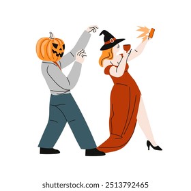 Illustration of a person with a pumpkin head taking a selfie with a woman in a witch costume. Flat style vector illustration.