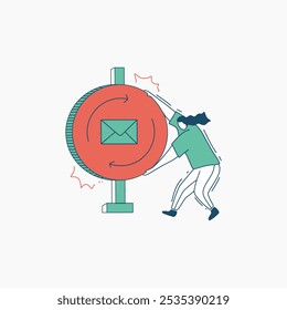 Illustration of a person pushing a circular email communication concept.