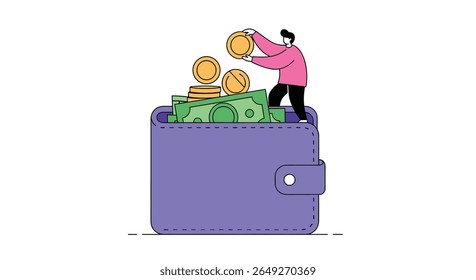 Ilustração de uma pessoa que coloca moedas e notas numa carteira roxa grande, simbolizando o crescimento financeiro e a acumulação de riqueza