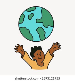 Illustration of a person with raised arms, smiling, with a globe above. Earth, globe, person, joy, and world are key elements in this cheerful image. Vector illustration.