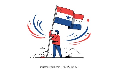 Illustration of a person raising a flag with patriotic symbols celebrating national independence day or a political rally