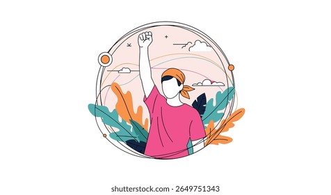 Ilustração de uma pessoa levantando a mão celebrando a liberdade e triunfo contra um pano de fundo da natureza e nuvens