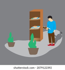illustration of a person reading a book beside a bookshelf