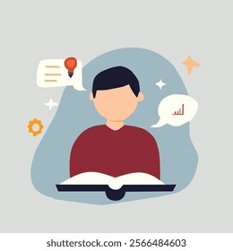 An illustration of a person reading a book with education and learning concepts around. Perfect for e-learning, academic, and knowledge-related projects