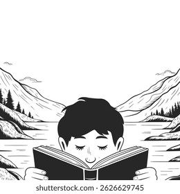 Illustration of a person reading a book outdoors with a mountain and lake landscape.
