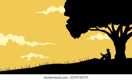 Illustration of a person reading a book under the tree. Vector illustration of relaxing under shade tree while reading a book. Silhouette of someone enjoying hobby of reading under large tree