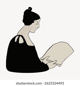 Illustration of a person reading a book. The person is wearing a black top and has hair in a bun. The focus is on reading and concentration. Vintage character art illustration vector.