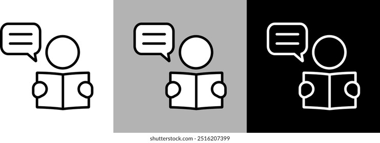 Illustration of a person reading a textbook. Simple line drawing vector icon.