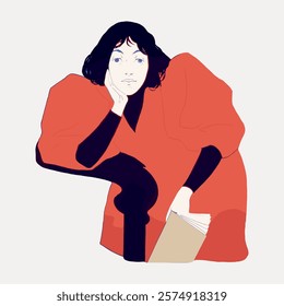 Illustration of a person in a red outfit, holding a book, with a thoughtful expression. The person has short dark hair and a contemplative pose. Isolated vintage art illustration vector element.