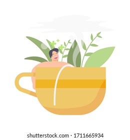 illustration of a person relaxing in a cup filled with tea. the concept of body and mind relaxation. flat design. can be used for elements, landing pages, UI.