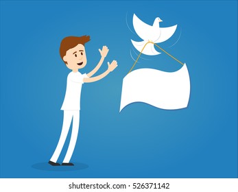 Illustration of a person releasing a dove with a flag