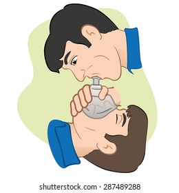 Illustration of a person with respiratory arrest being revived with the help of a pocket mask to help with breathing. Ideal for Medical Supplies, institutional and educational.