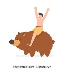 illustration of person riding a brown bear. animal lover. flat design. can be used for elements, landing pages, UI.