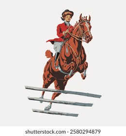 Illustration of a person riding a horse, jumping over a fence. Equestrian scene with horse and rider. Dynamic horse and rider illustration. Vintage horse illustration isolated on white, vector.