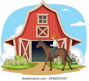 Illustration of person riding horse near barn
