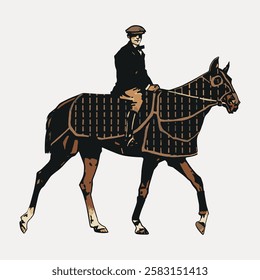 Illustration of a person riding a horse. The rider is wearing a cap and suit. The horse is in motion. Equestrian theme with a vintage style. Vintage Japanese illustration vector.