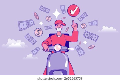 Uma ilustração de uma pessoa andando de scooter enquanto cercada por moeda digital flutuante, cartões de crédito e ícones de mídias sociais, representando comércio eletrônico moderno e financiamento móvel.