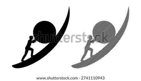 Illustration of person rolling large boulder up steep curve representing hard work effort