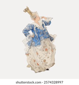 Illustration of a person in a royal costume with a crown, wearing a blue and white gown. The attire features intricate floral patterns and lace details. Vintage woman illustration isolated, vector.