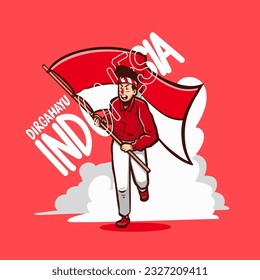 illustration of a person running forward carrying Indonesian flag cartoon vector for dirgahayu kemerdekaan indonesia