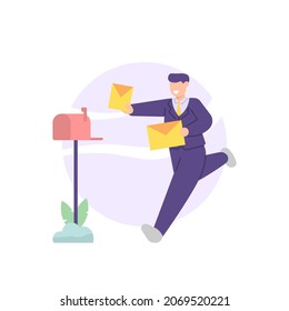 Illustration Of A Person Running And Putting A Letter In A Post Box. Spam Mail Or Messages. Broadcasts. Send A Job Application Letter. Job Applicant. Flat Cartoon Style. Vector Design