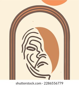 an illustration of a person 's face in an arched window