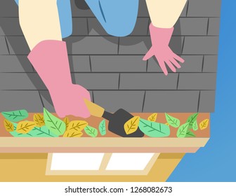 Illustration of a Person Scooping Out Fallen Leaves and Emptying the Gutter to Prepare for Hurricane