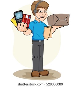 Illustration of person selling mascot showing payment methods of a product. Ideal for institutional materials and training