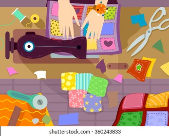 Illustration of a Person Sewing a Colorful Quilt