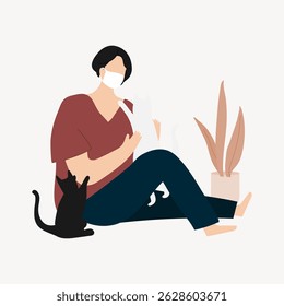 Illustration of a person with short hair wearing a mask, sitting with two cats. The person is wearing a red shirt and blue pants, with a plant nearby. Person, character illustration vector.
