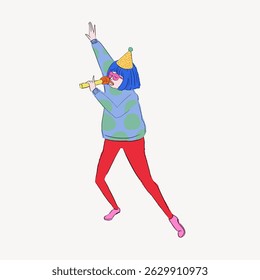 Illustration of a person singing with a microphone, wearing a party hat and colorful outfit, expressing joy and celebration in a playful style. Person, character illustration vector.