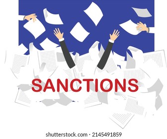 Illustration Of Person Sinking Into Papers Near Sanctions Lettering