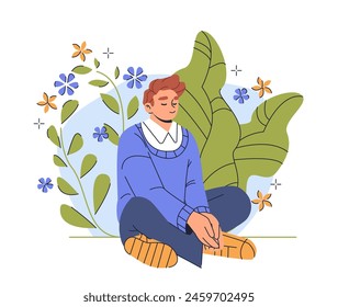 Illustration of a person sitting among stylized plants and flowers, flat graphic style, on a light background, concept of mental health and tranquility. vector illustration