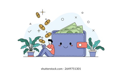 Illustration of a person sitting beside a large wallet filled with cash and coins surrounded by plants and falling currency symbolizing financial prosperity and savings management